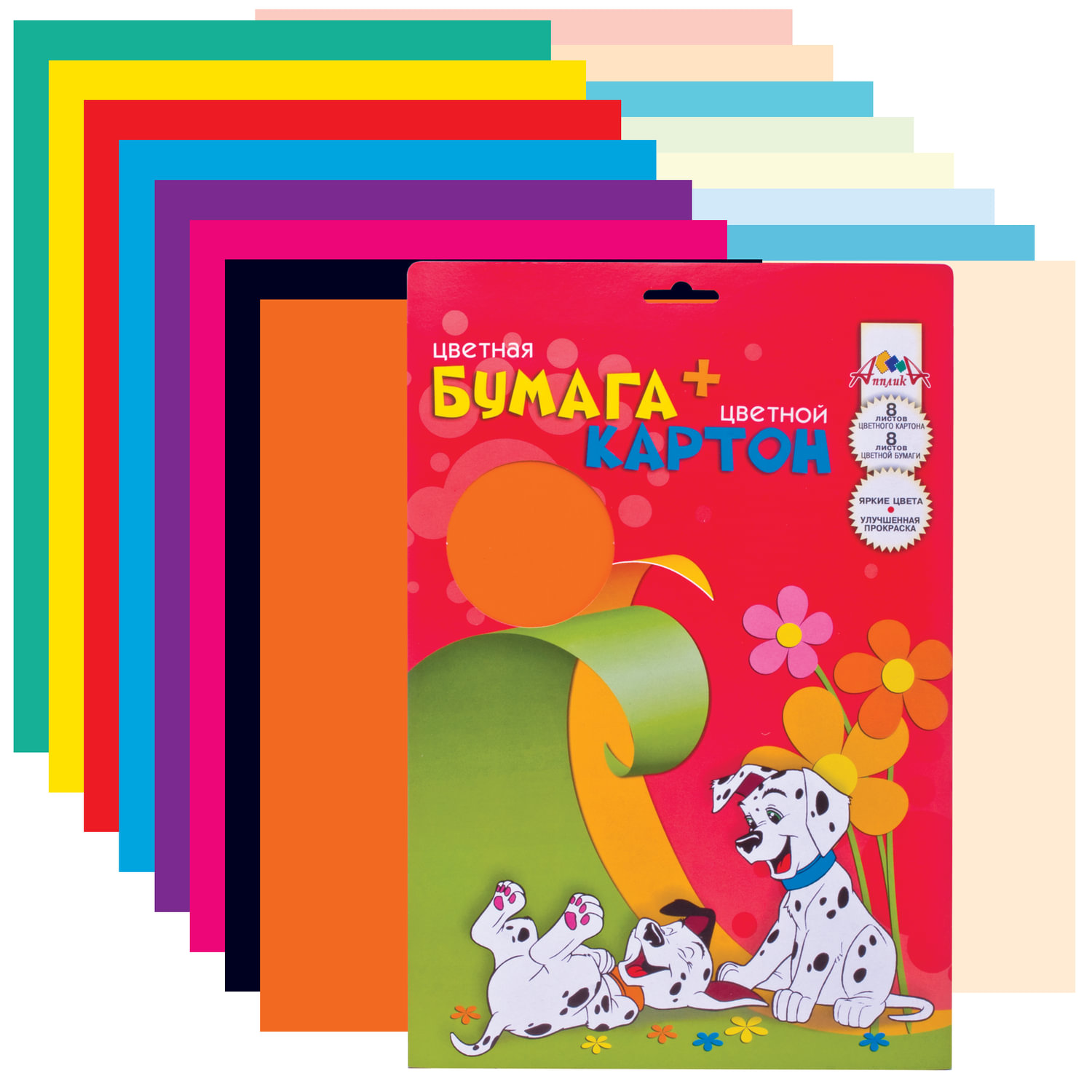 Цветная бумага и цветной картон, А4, мелованные, 8+8 цветов, АППЛИКА ...