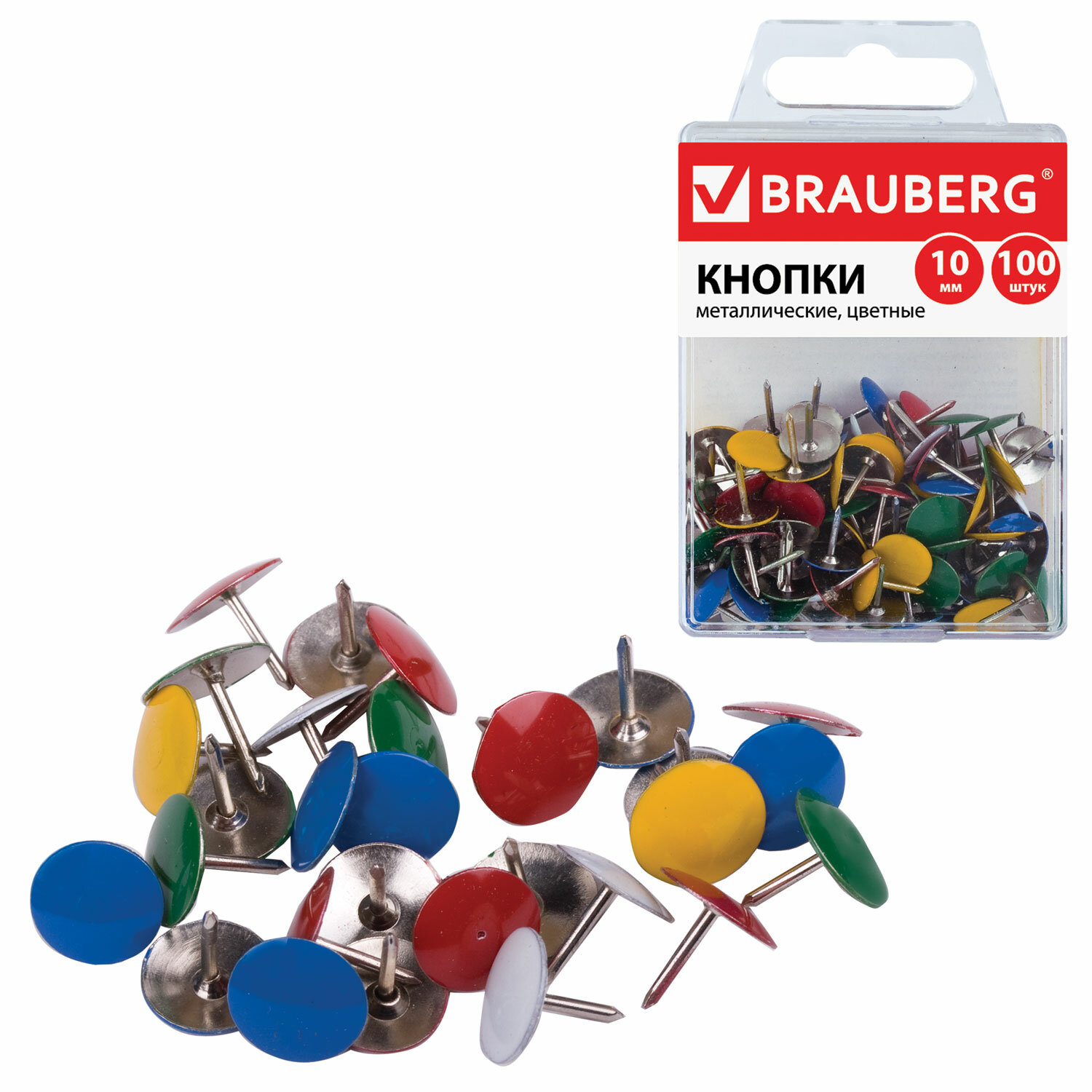 Кнопки канцелярские BRAUBERG, металлические, цветные, 10 мм, 100 шт., в ...