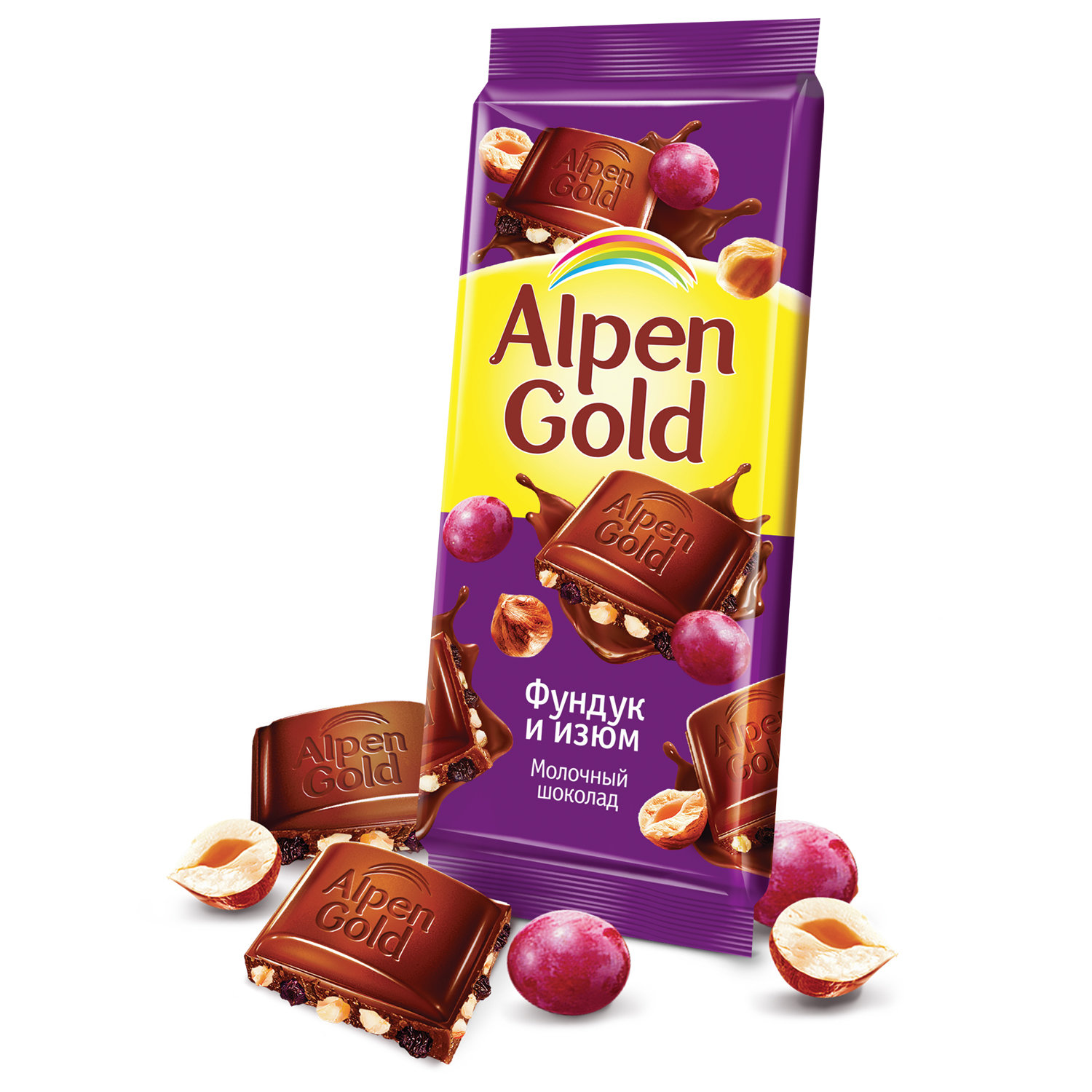 Шоколад ALPEN GOLD (Альпен Голд), молочный с фундуком и изюмом, 90 г ...